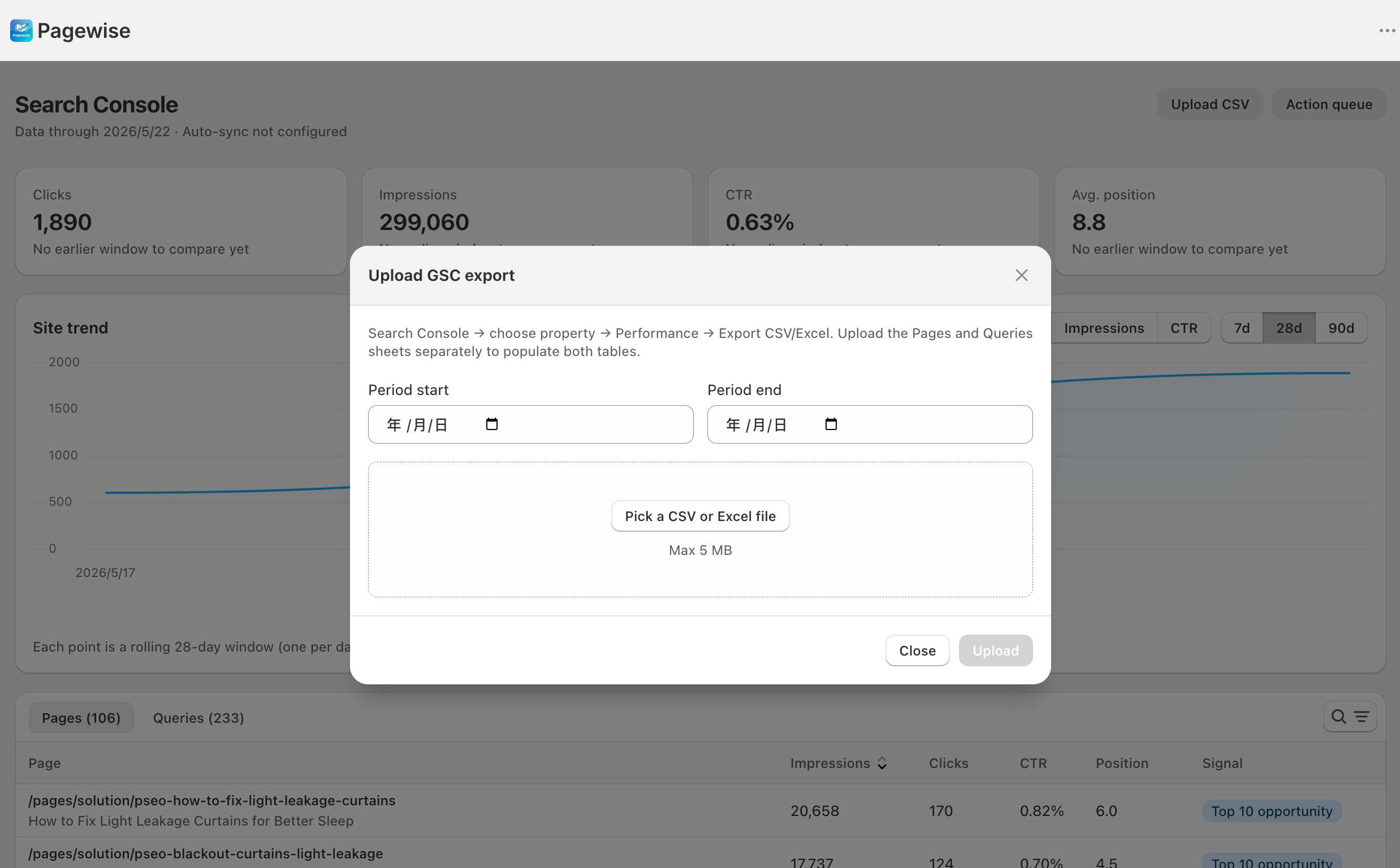 Upload GSC export dialog