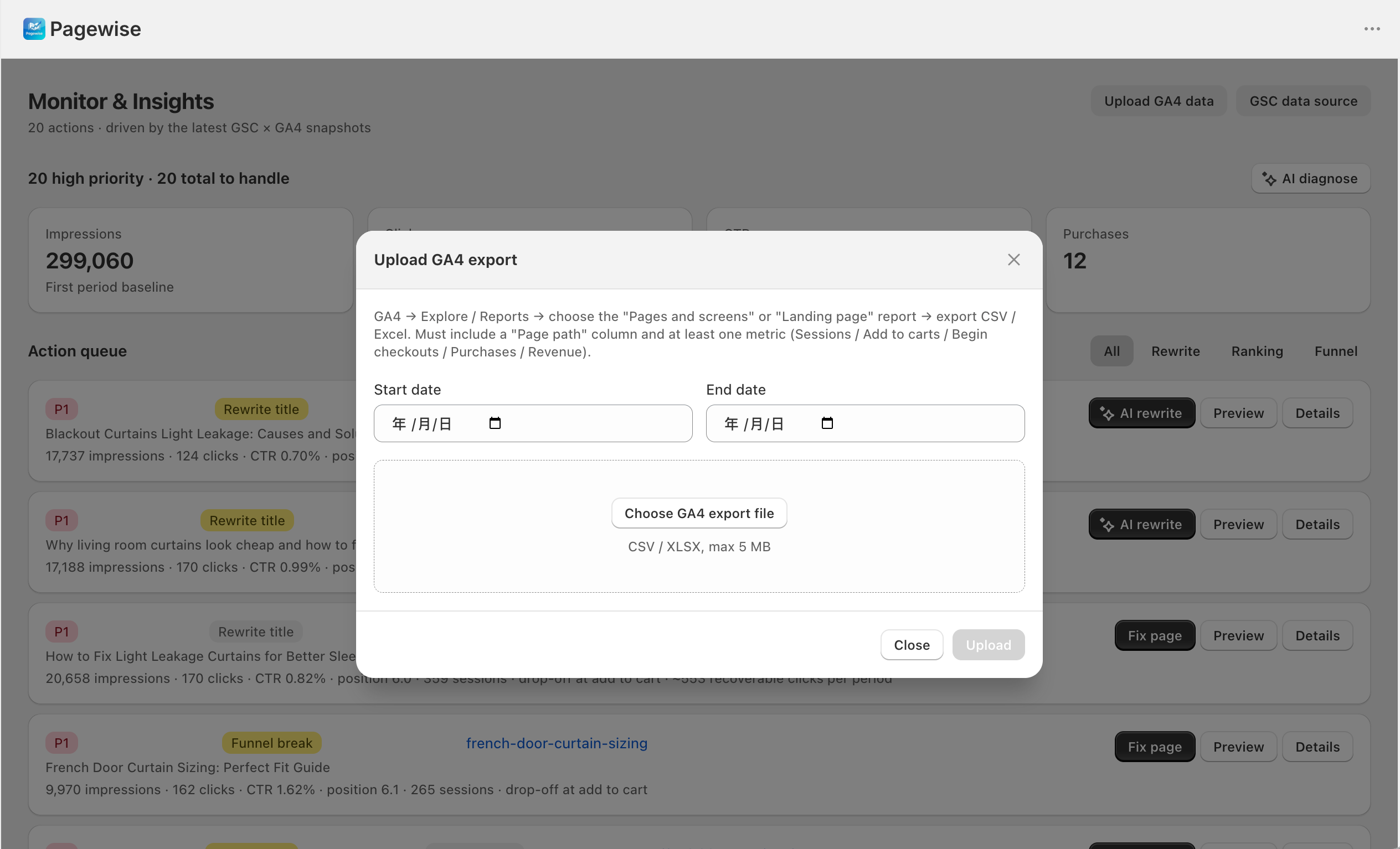 Upload GA4 export dialog