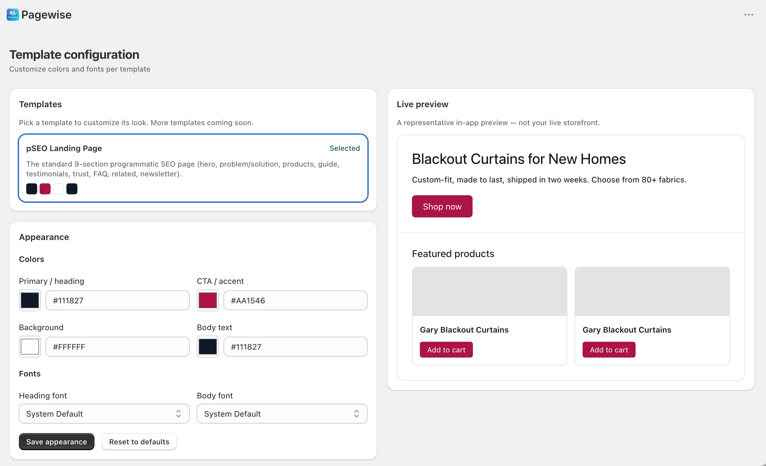 Template configuration screen
